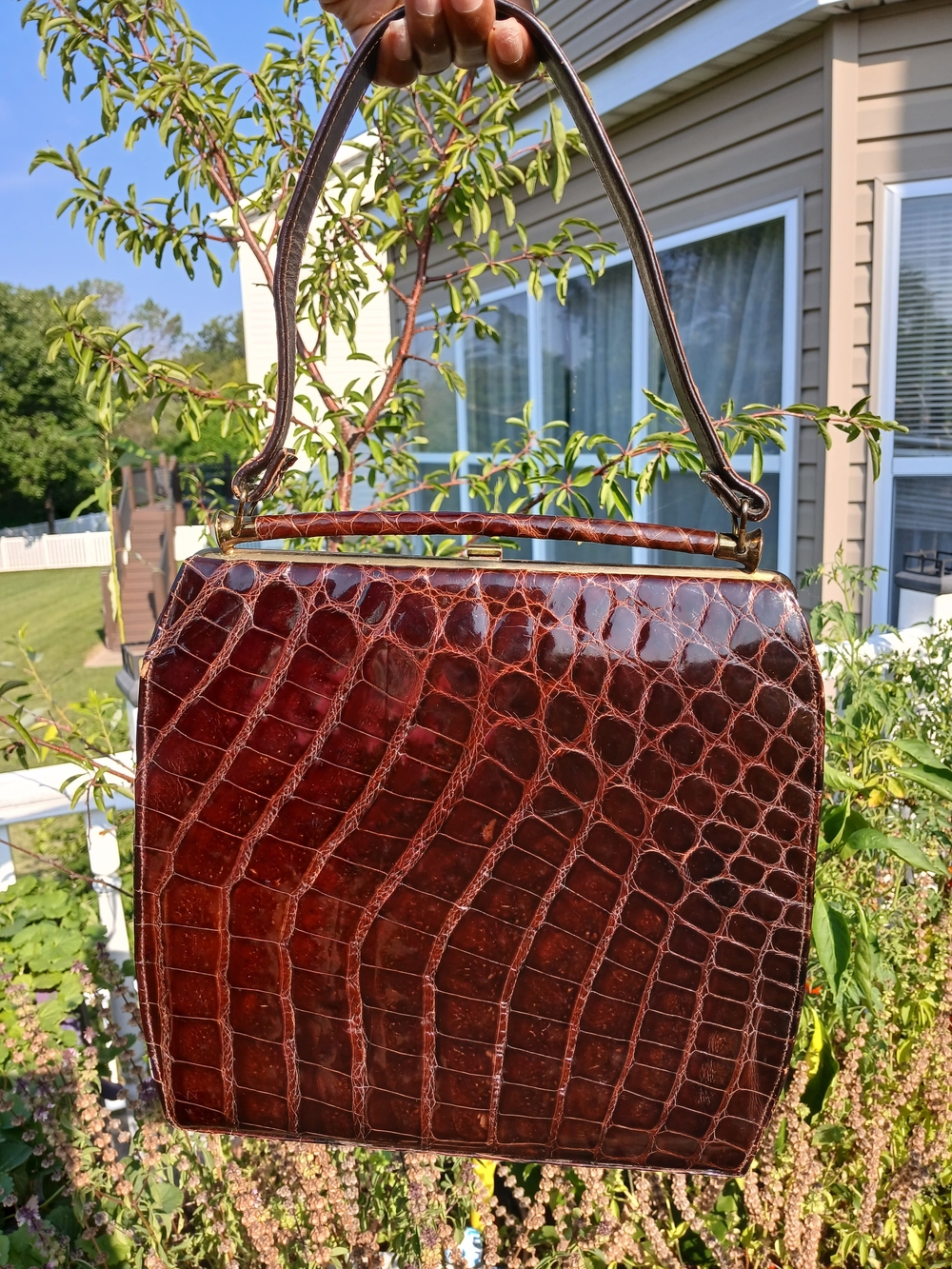 VTG 50s Genuine Alligator Leather Frame Handbag w/ Matching Coin Purse